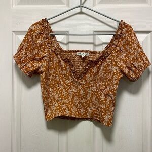 VANILLA STAR |Copper/White |Floral |Puff Short Sleeve |Ruffles | V |Crop |Size S
